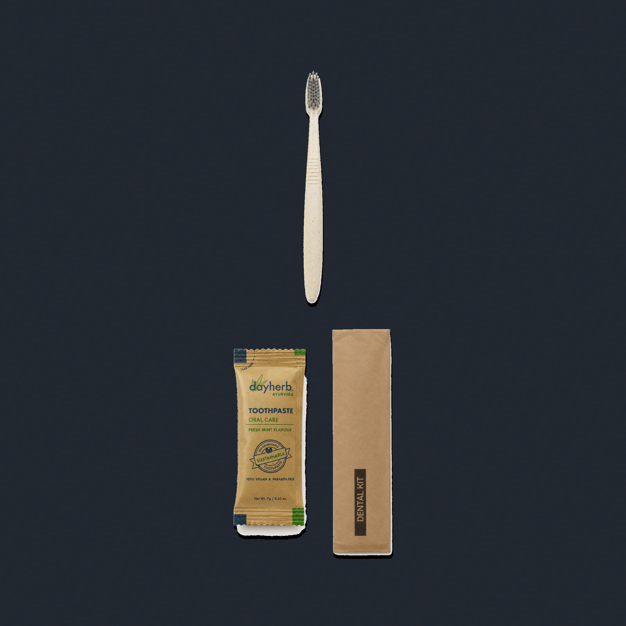 1 Wheat Straw Toothbrush (Grey Bristles) + 1 Clayherbs Toothpaste Sachet with Brown Dental Kit Pouch kit preview