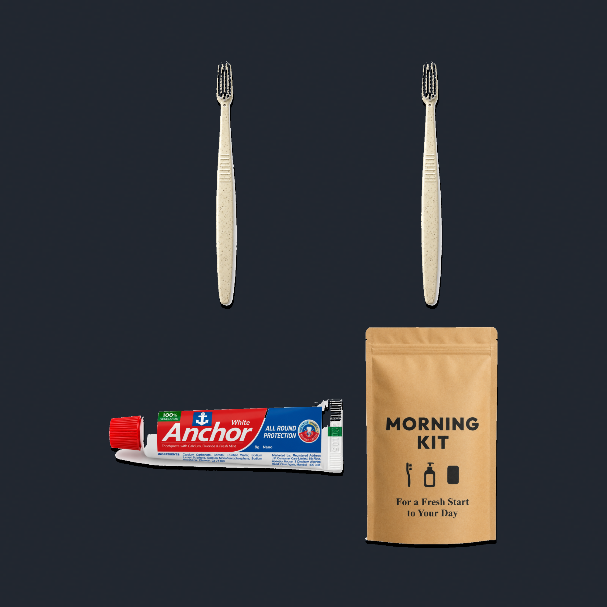 2 Wheat Straw Toothbrushes (White Bristles) + Anchor Toothpaste Morning Kit kit preview